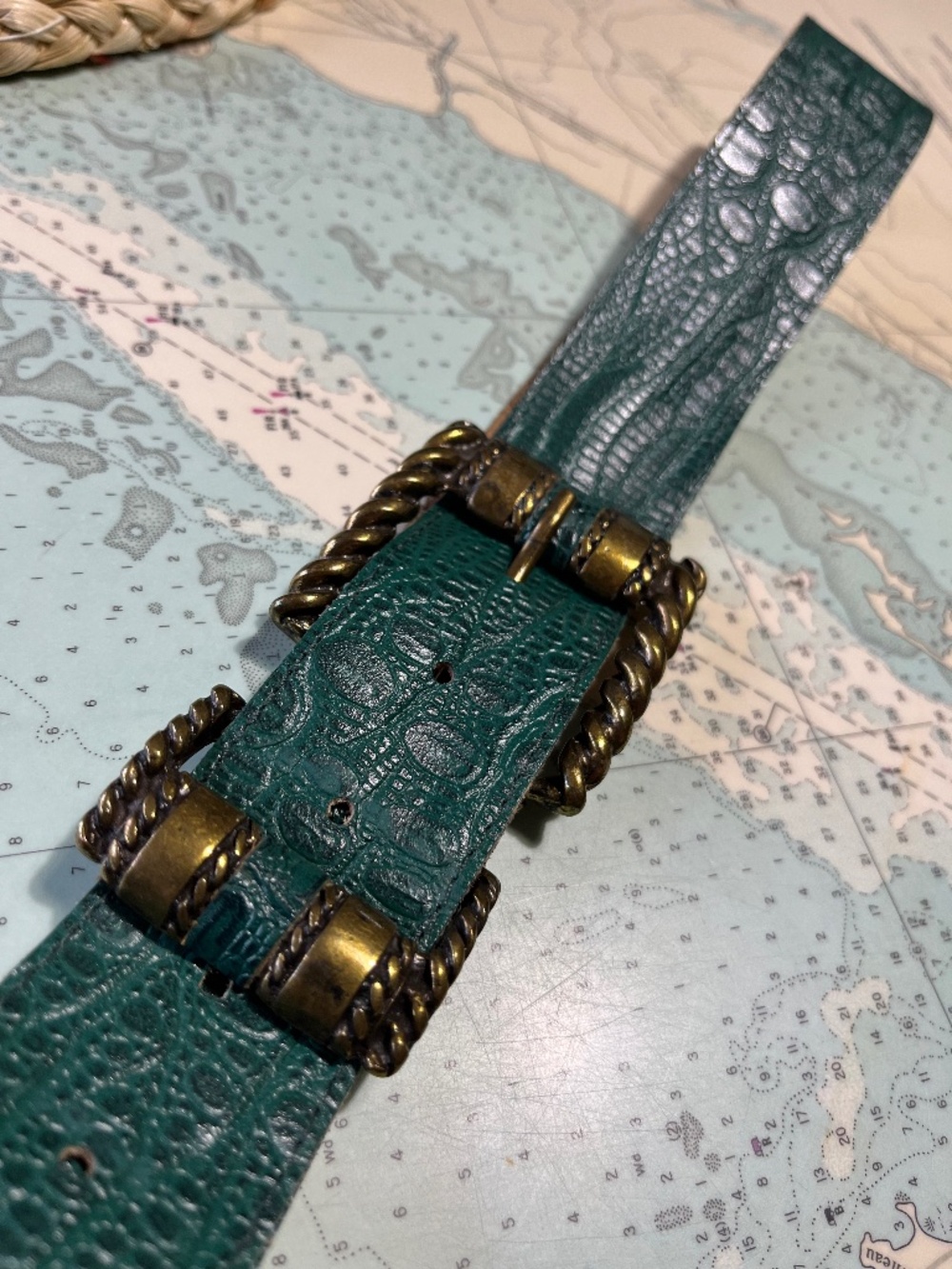 Vintage XXVI Green Leather Belt with Brass Buckle
